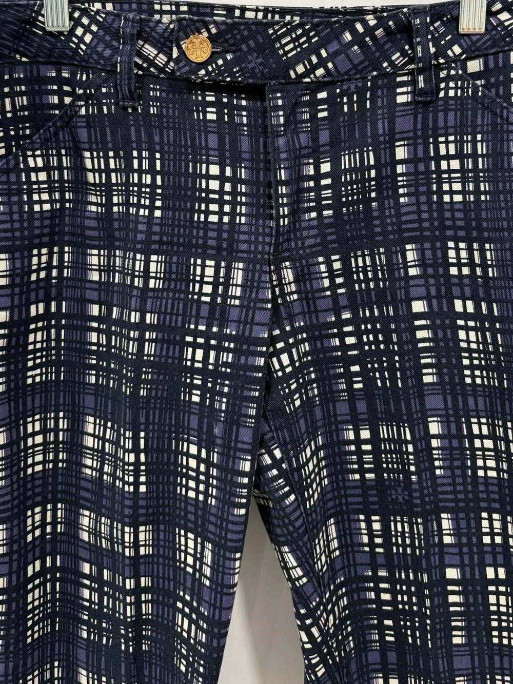 Tory Burch Conner Skinny Pants Women's Size 31 Navy Printed Plaid Stretch Preppy